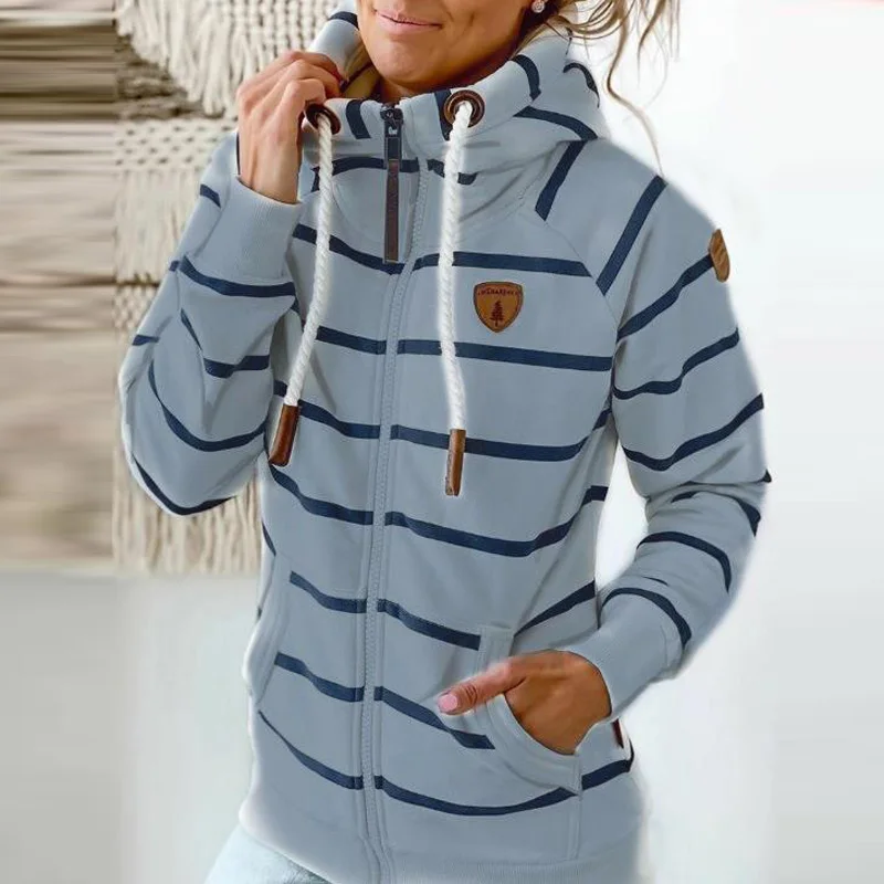 

Women Harajuku Striped Print Drawstring Hooded Sweatshirt Autumn Winter Long Sleeve Pocket Zipper Top Casual Female Warm Hoodies