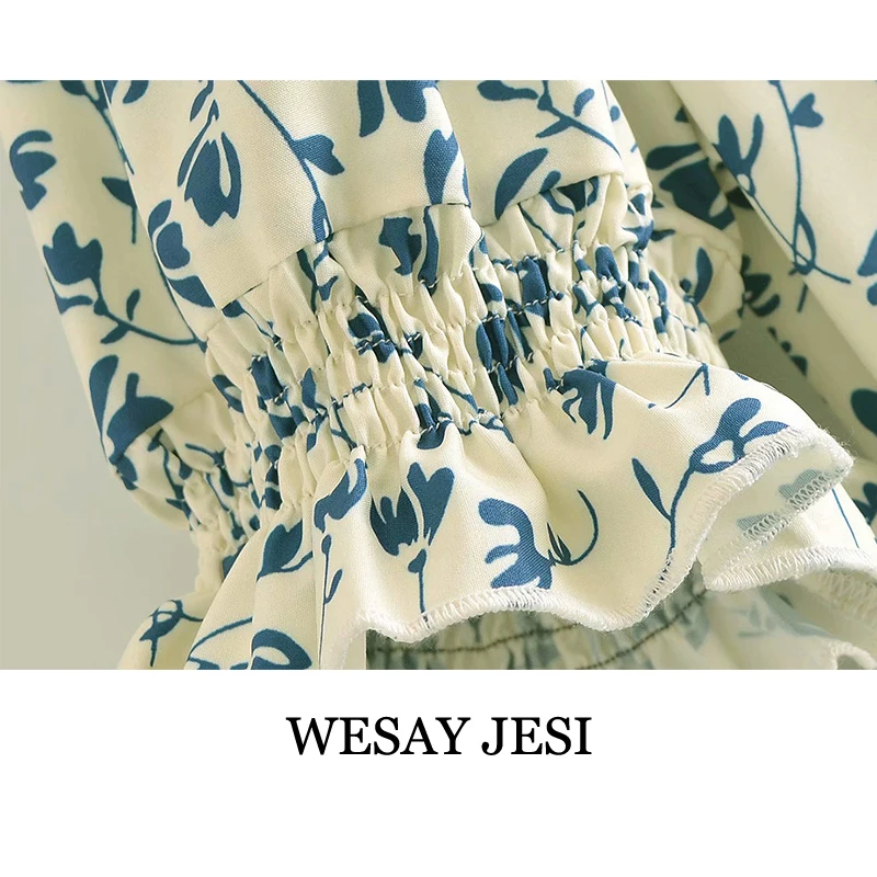 

WESAY JESI Summer Women's Dress 2021 Fashion Split Party Dresses Elastic Puff Sleeves Flower Print High Waist Female Elegant