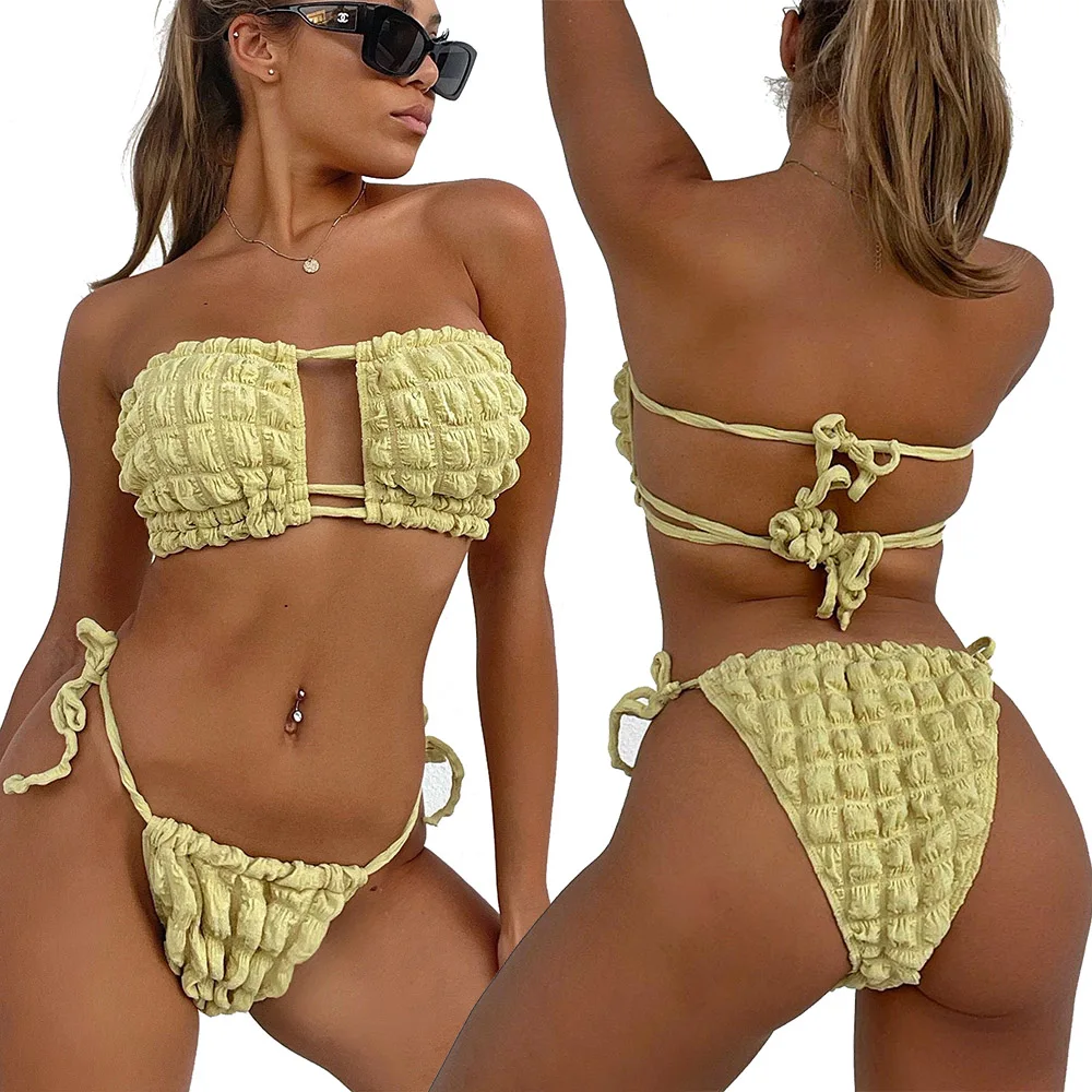 

New Sexy Bandeau Brazilian Bikini Set Tied String Thong Bikinis Women 3D Ruched Swimsuit Push Up Swimwear Pleated Bathing Suits
