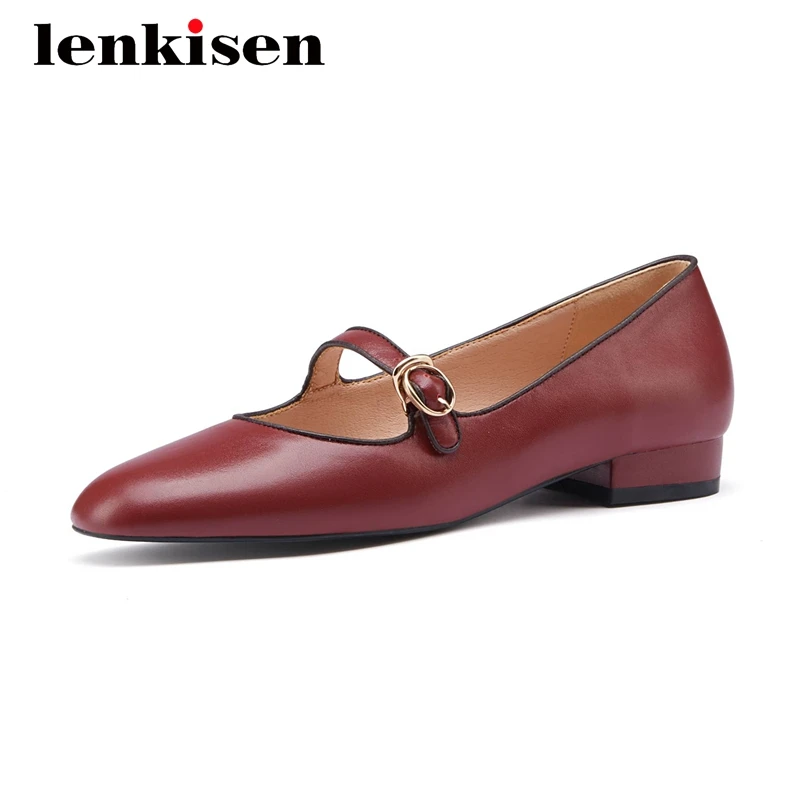 

Lenkisen leisure genuine leather high quality convenient round toe thick low heel buckle straps daily wear dress women pumps L10