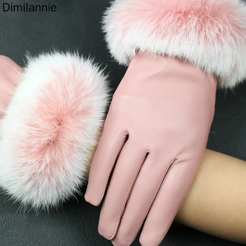 Кожаные женские перчатки с сенсорным экраном кроличьим мехом на запястье Осень
