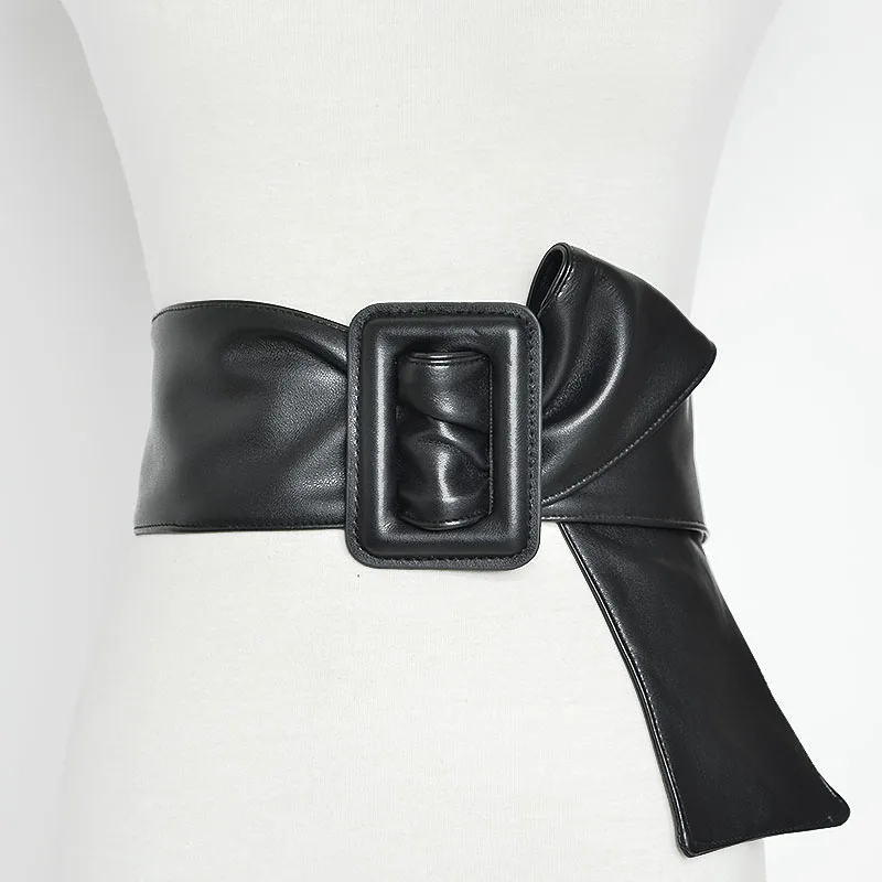 

Women's Sheepskin Wide Black Leather Wide Belt Big Bow Cummerbund Solid Color Elegant Dress Belt PU Vintage Belt