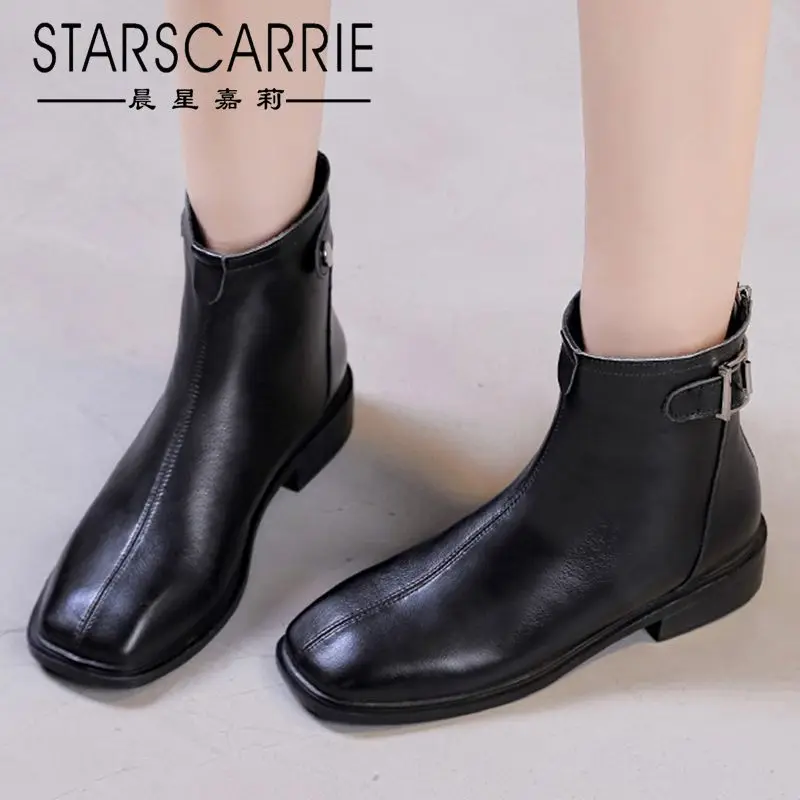 

Женские короткие сапоги из первого слоя воловьей кожи на толстом каблуке, новинка зимы 2021, стильные кашемировые модные короткие сапоги с кв...