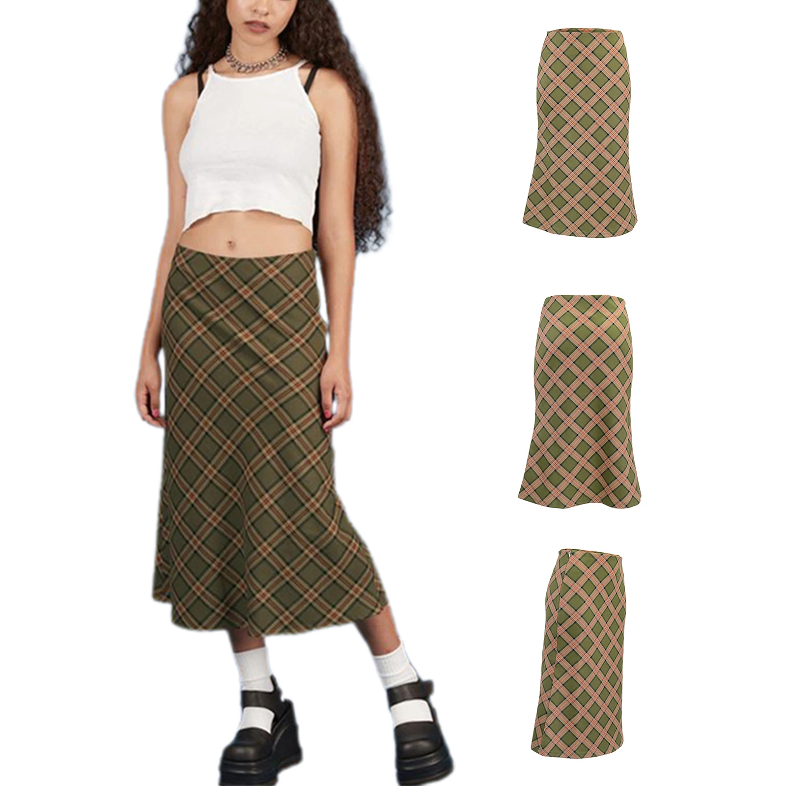 

Women Casual Long Skirt, Dark Green Plaid Printed Pattern Close-fitting Dress