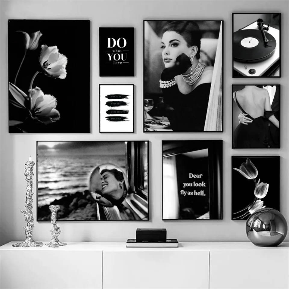 

Nordic Fashion Woman Perfume Poster Black White Woman Abstract Pink Flower Wall Art Canvas Painting for Living Room Decor