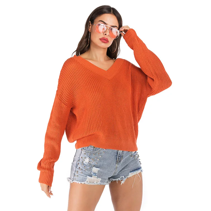 

Casual V Neck Knit Sweater Women Loose Solid Color Bat Sleeve Long Sleeve Sweater Basic Pullover Women 2019 New