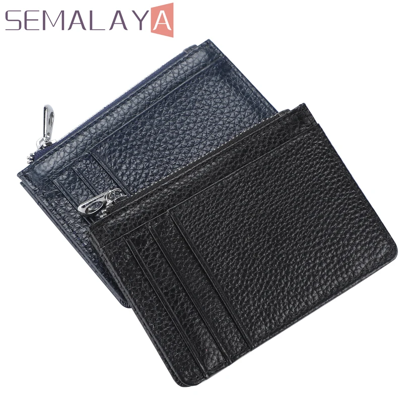 SEMALAYA Mini Slim Zipper Coin Wallet For Men Credential Holder Thin Card Sleeve Cowhide Card Holder Coins Wallet Leather