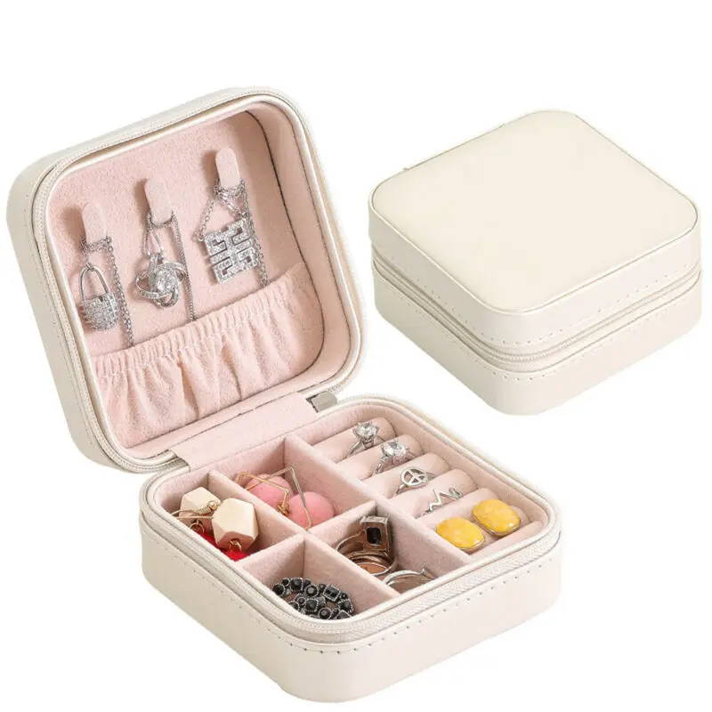 

2020 Hot Sale PU Fibre Jewelry Box Portable Storage Organizer Earring Holder Zipper Women Jewelry Display Travel Case