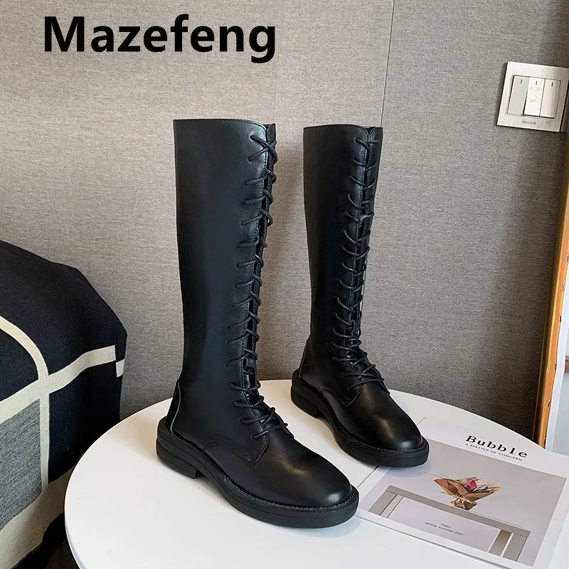 

GOOHOJIO Chunky Platform Leather Knee High Boots Women Retro Punk Height Increasing Long Boots Woman Lace Up Booties Mujer 2021