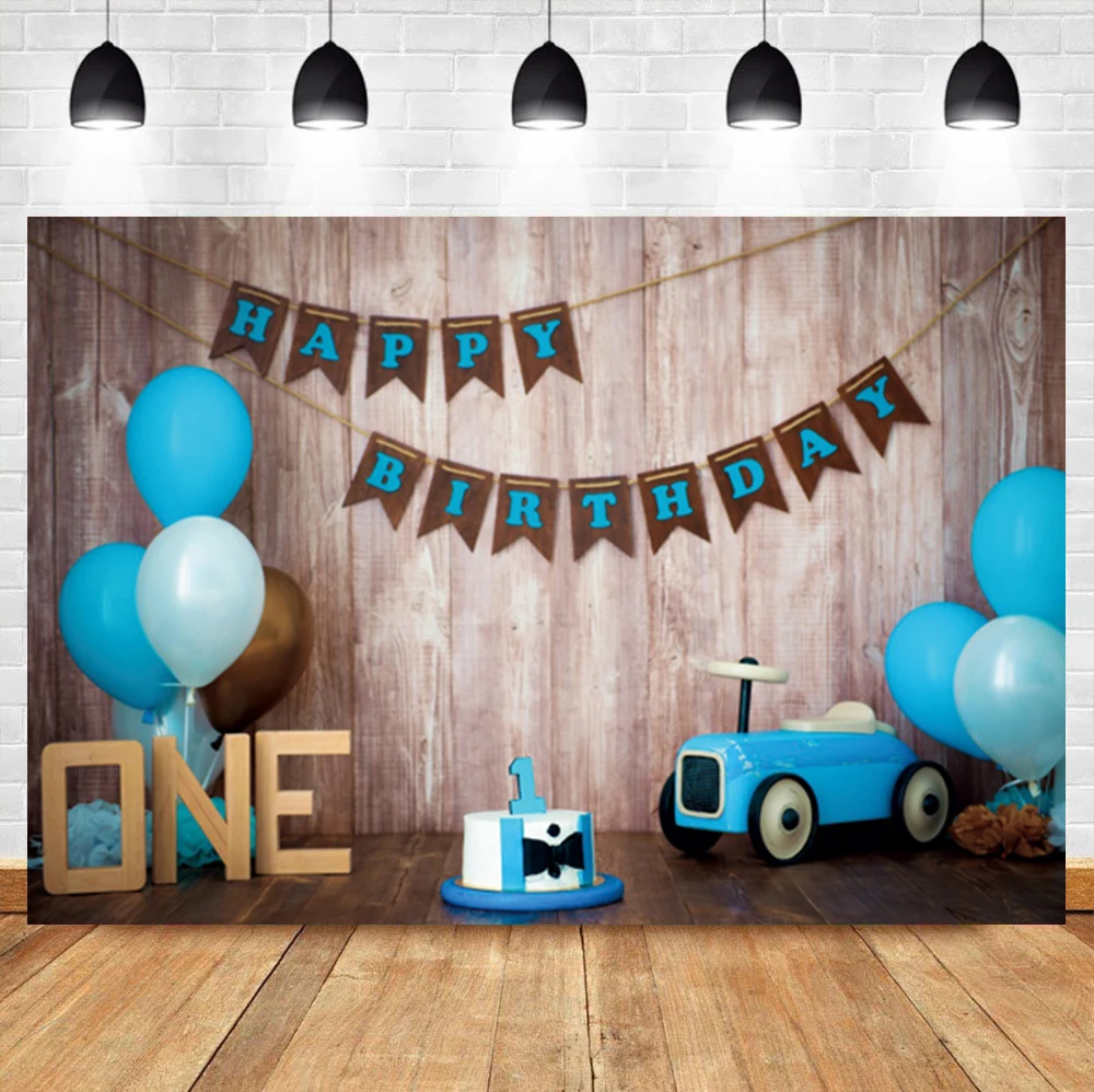 

Laeacco Baby 1th Birthday Blue Balloon Car Plank Portrait Custom Photo Photography Backdrop Photo Background For Photo Studio