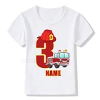 Футболка белая для мальчиков и девочек, с цифрами и пожарным, на день рождения, 1-9 лет