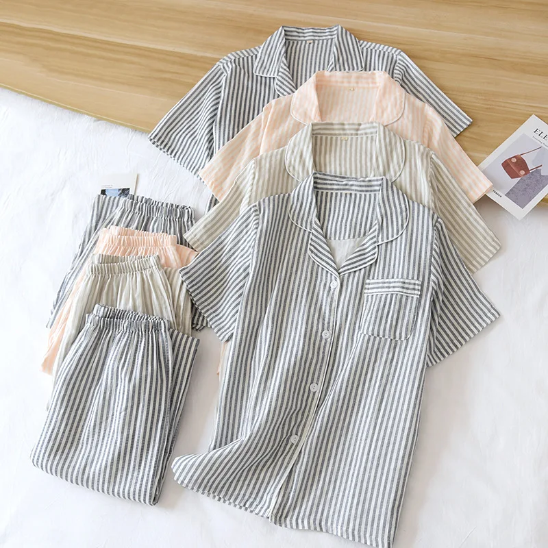 Spring and Summer Couple Pajamas Set Cotton Short Sleeve Trousers Pajamas Set Women Cotton Yarn Thin Men's Lapel Loose Home Wear