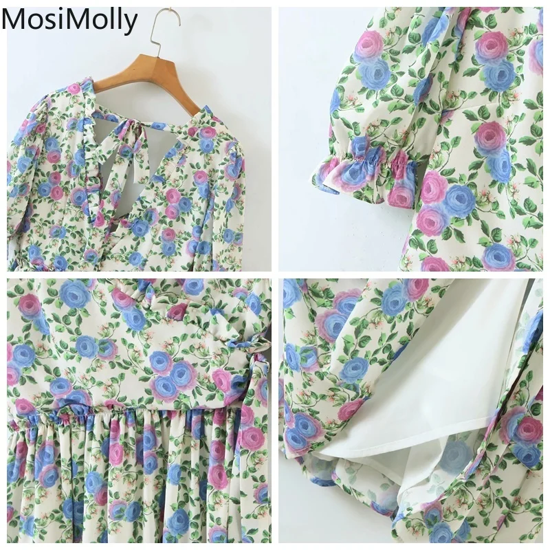 

MosiMolly Romatic French Wrap Dress Floral Dress Bow Ruffle Mini Dress Boho Beach Dress