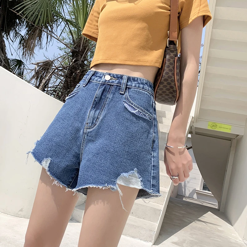 

2021 Summer Denim Shorts Women's High Waist Slimming New A-Line Hot Pants Wide-Leg Loose Holes