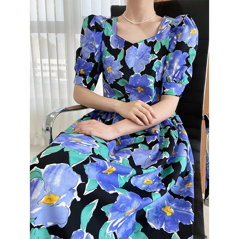 

Nice Women Square-Neck Long Dress Flower Print Women Summer Boho Dress Short Sleeve High Waist Women Clothes Vestidos