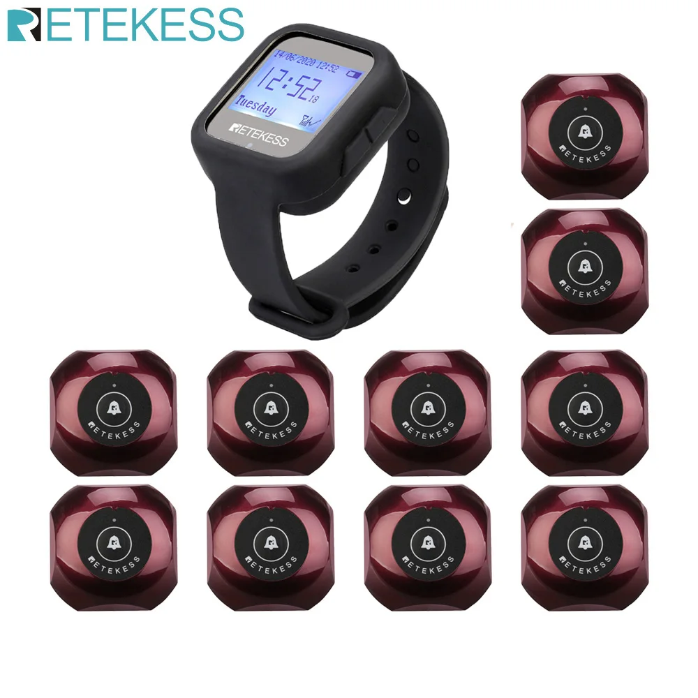 Retekess Wireless Waiter Pager System TD106 Waterproof Watch Receiver+10pcs TD013 Call Buttons Equipment For Restaurant Cater