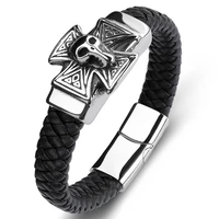 fashion braided leather skull cross bracelet male retro charm jewelry stainless steel skeleton bangles trendy men wristband p125