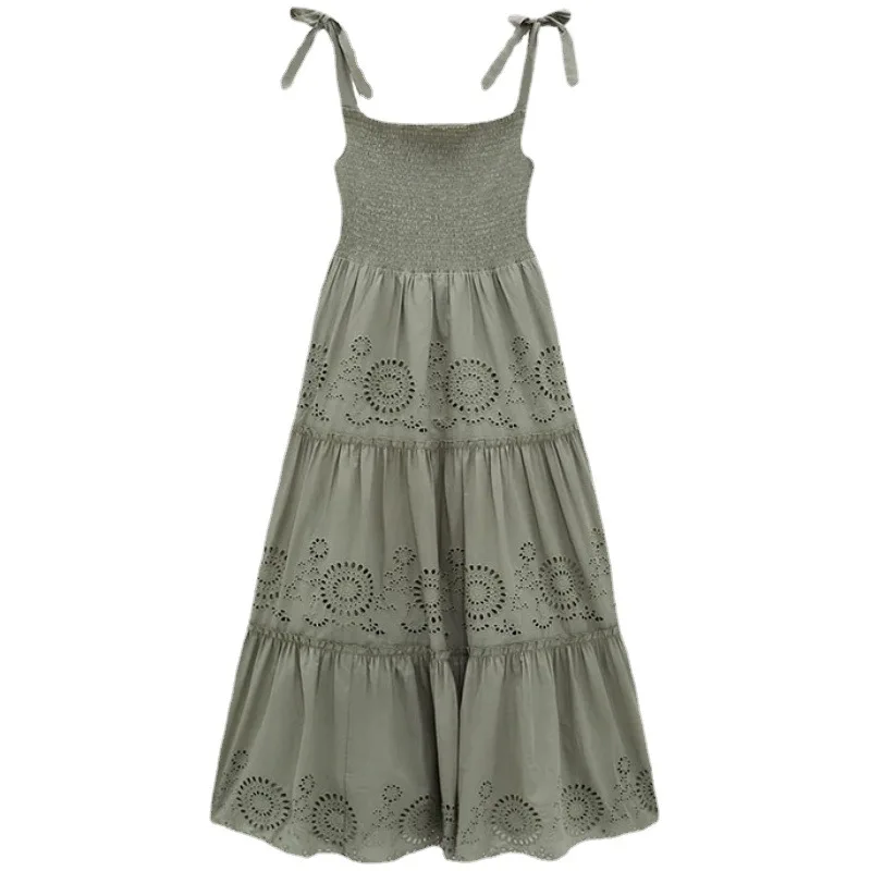 

Summer New Style Suspender Dress Ankle-Length Slash Neck Hollow Elastic Waist Dress Bohemian Dresses Women Slim Pleated Dress