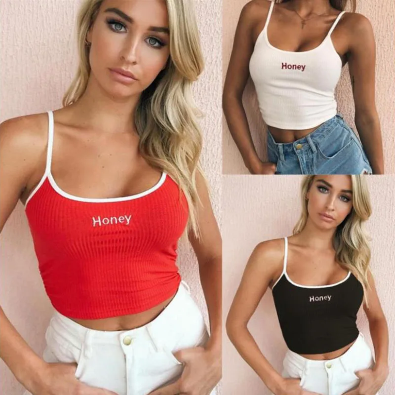

Sexy Women Crop Top 2021 Summer Honey Letter Embroidery Strap Tank Tops Cropped Feminino Ladies Elastic Shirt Vest Camisole