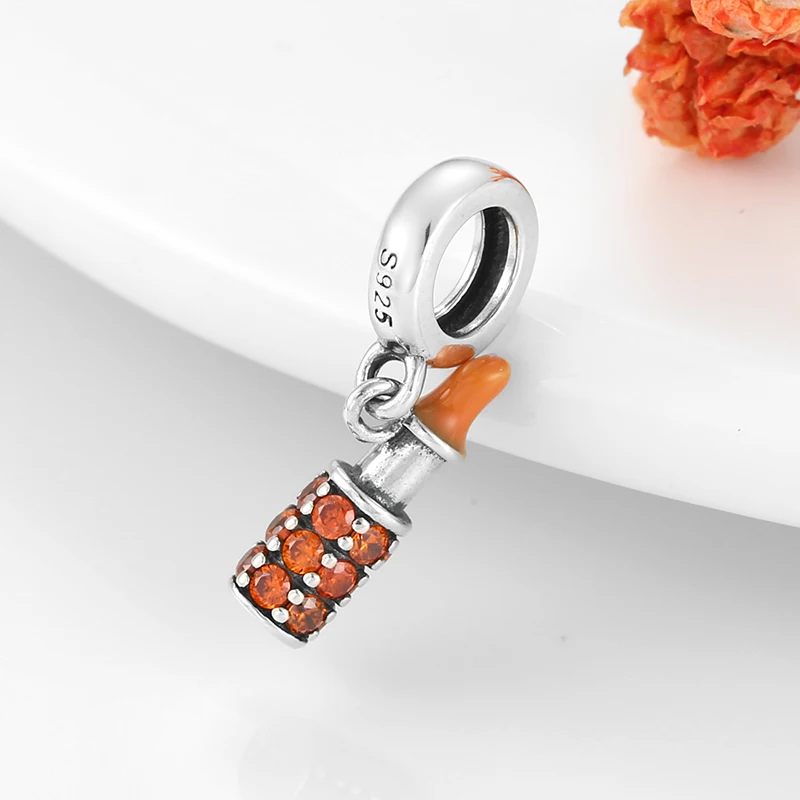 Подлинное серебро 925 пробы оранжевая губная помада эмаль амулеты бусины подходят