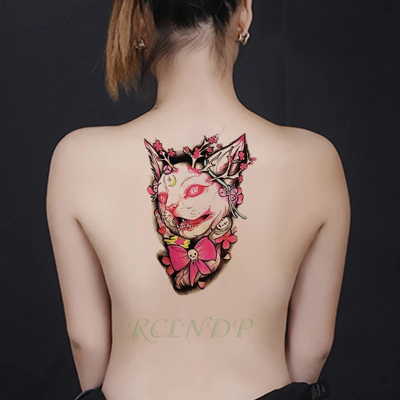 

Waterproof Temporary Tattoo darkness black and white cat flower bow flash tatto fake tatoo big tattoos for women men lady