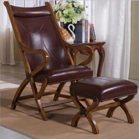 european solid wood frame genuine leather lounge chair foot combination bedroom relax chair set p10277