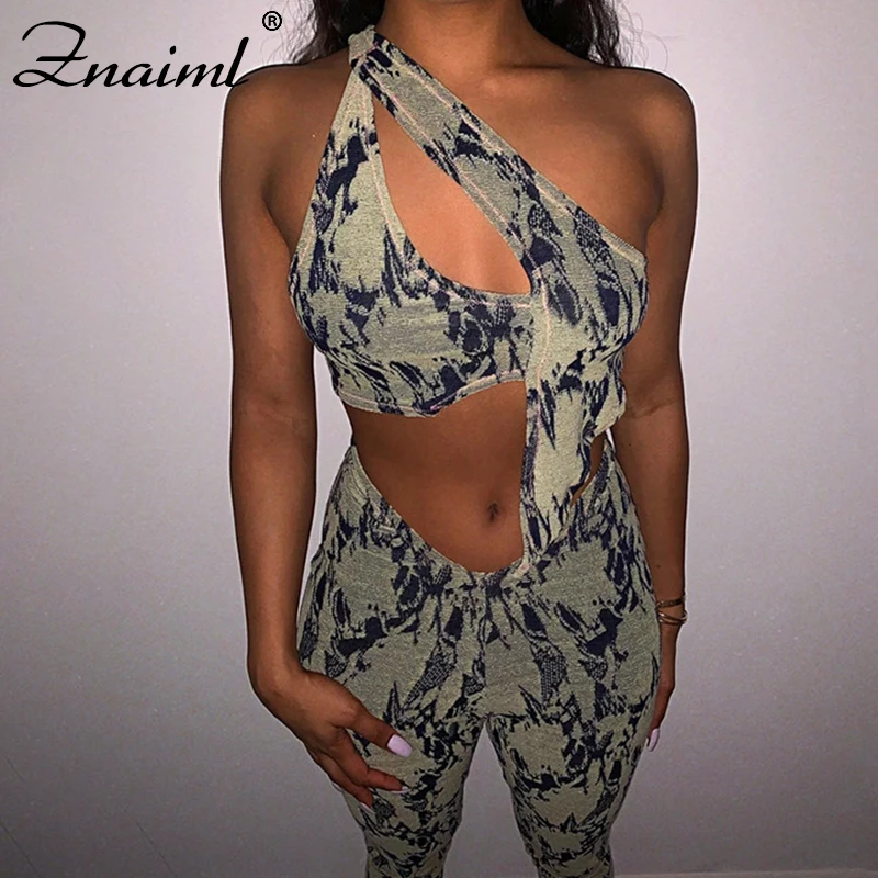 

Znaiml Fashion Print Two Piece Set Women Summer Sexy Halter Backless Sleeveless Crop Top+Stretchy Leggings Suit Party Club Wear