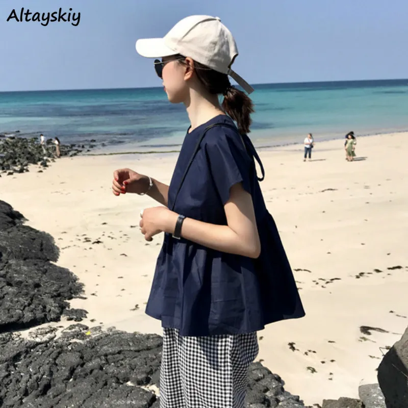 

Shirts Women Solid Summer New Short Sleeve Loose Pleated Blouses Sweet Korean Style Student Womens Simple Basic Leisure Popular