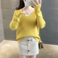 knitted pullover sweater womens 2020 spring autumn casual v neck sweaters warm jumper pink yellow loose cashmere top female