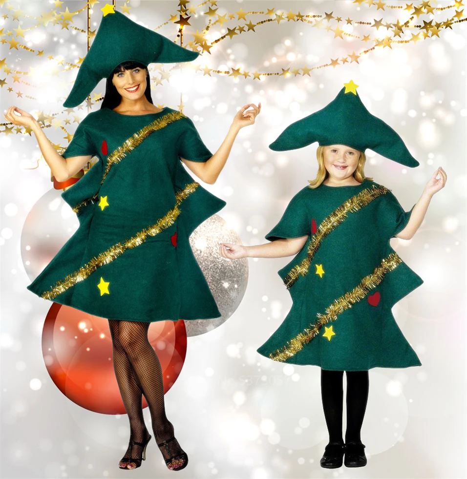 Neue Jahr Weihnachten Baum Outfit Mom und Girlds Cosplay Grün Grinch Party Performance Kleidung mit Hut Elf Weihnachten Kostüme 2021