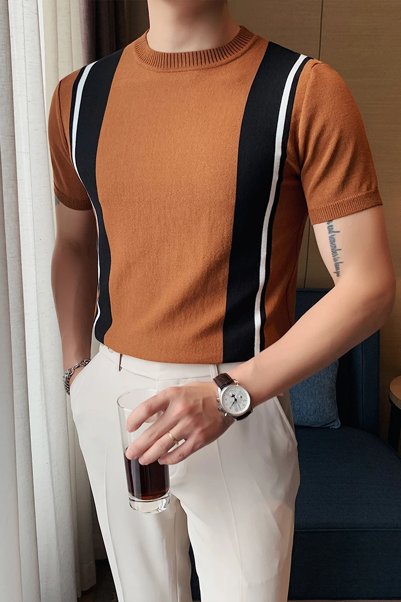 

Summer Striped Knitted T-shirt Men Short Sleeve Slim Fit T Shirts Korean Casual O-neck Tops Tees Ice Silk Breathable Streetwear