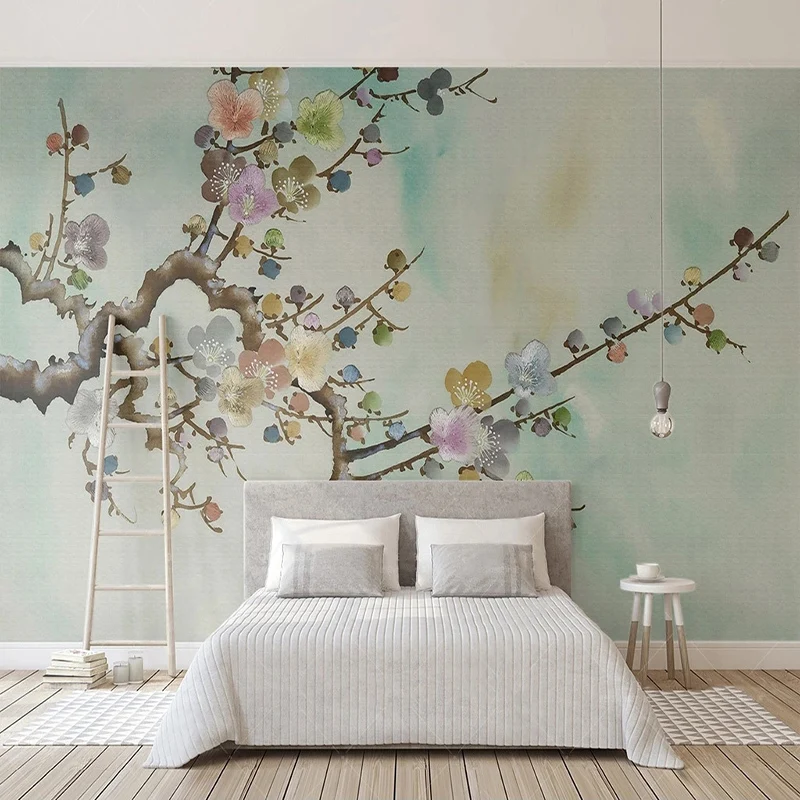 

Custom Photo Wallpaper Chinese Style Hand Painted Colorful Ink Plum Blossom Mural Living Room TV Background Wall Decor 3D Fresco