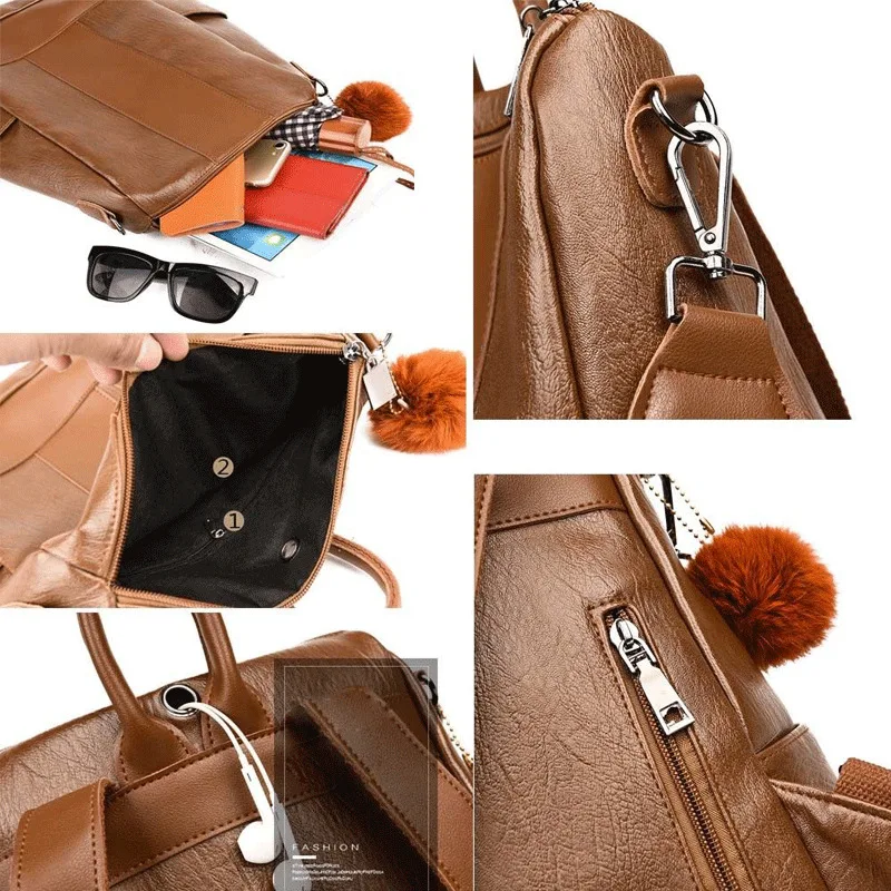 Модный качественный кожаный женский рюкзак с защитой от кражи вместительная