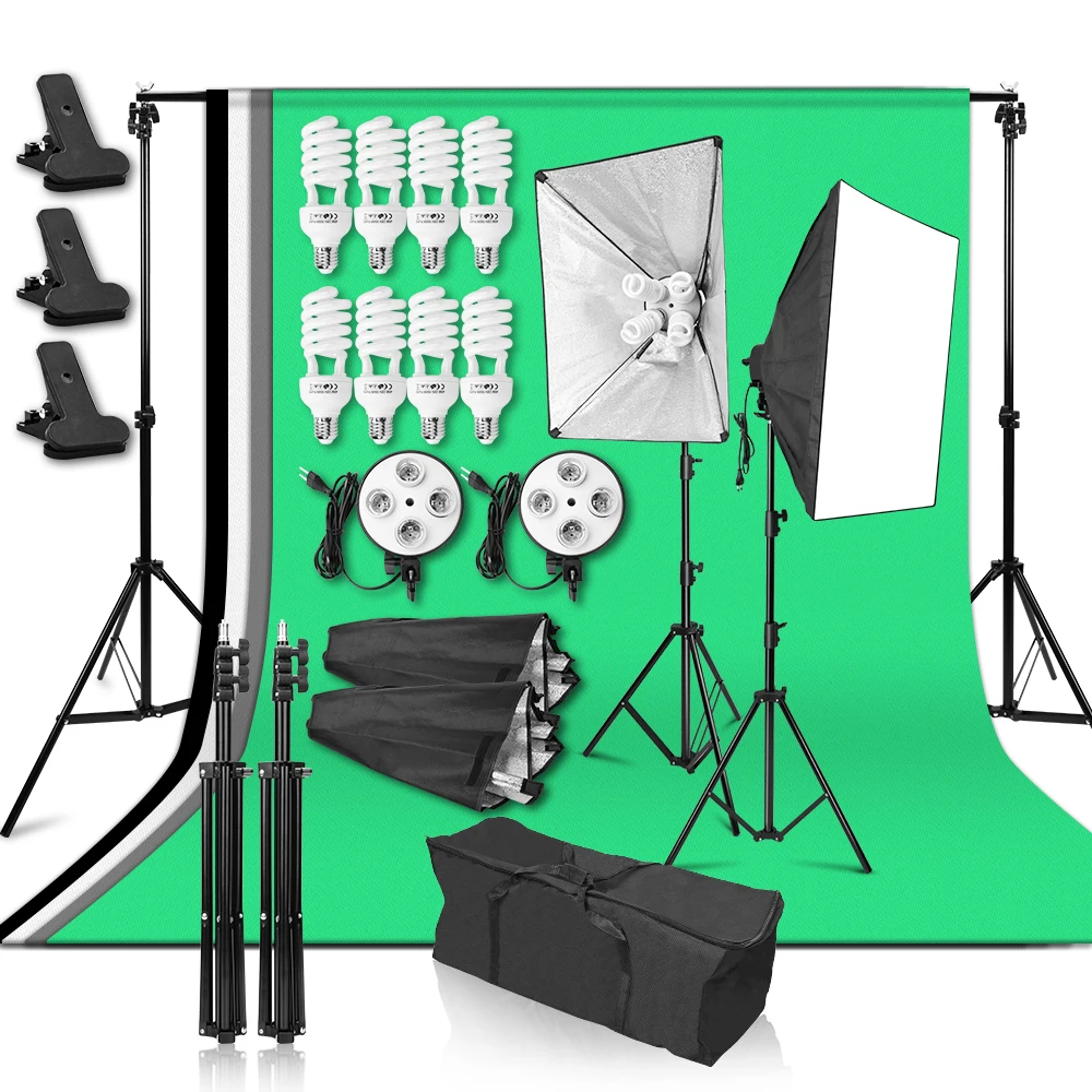 Photo Studio Lighting Kit 2x2m Background Support 4Pcs Backdrop Photography Light Softbox Diffuser Cover 4in1 Socket For Video
