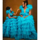 Тюлевые платья для мамы и дочки, синие длинные Бальные платья с оборками для дня рождения