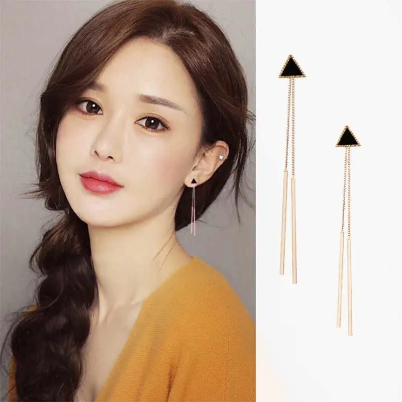 Корейские геометрические треугольные длинные висячие серьги с кисточками для