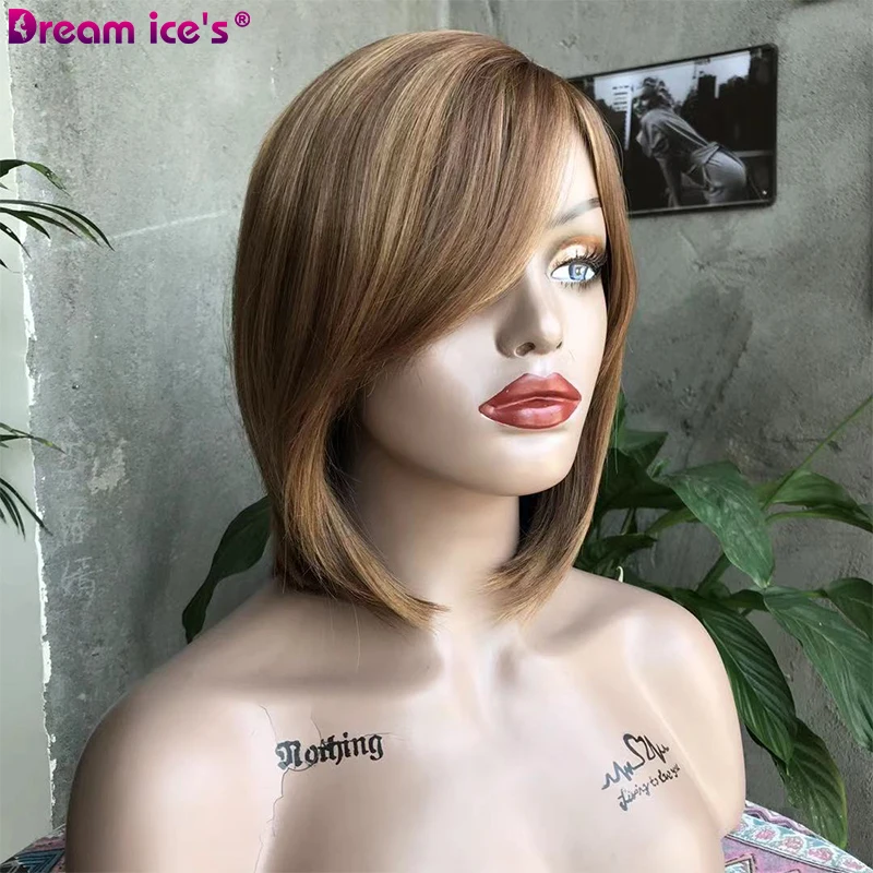 Synthetic Medium Straight Layered Bob Wig Ombre Brown Blonde Hair Middle Part For Women Heat Resistant Cosplay Wig Dream Ice's
