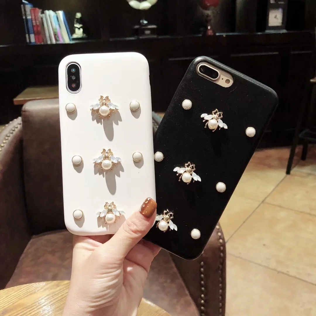 Роскошный кожаный мягкий чехол для телефона для iphone 7 чехол 3D мода алмаз пчела жемчуг Классический чехол для iphone 6 6s 7 8 plus X XR XS Max