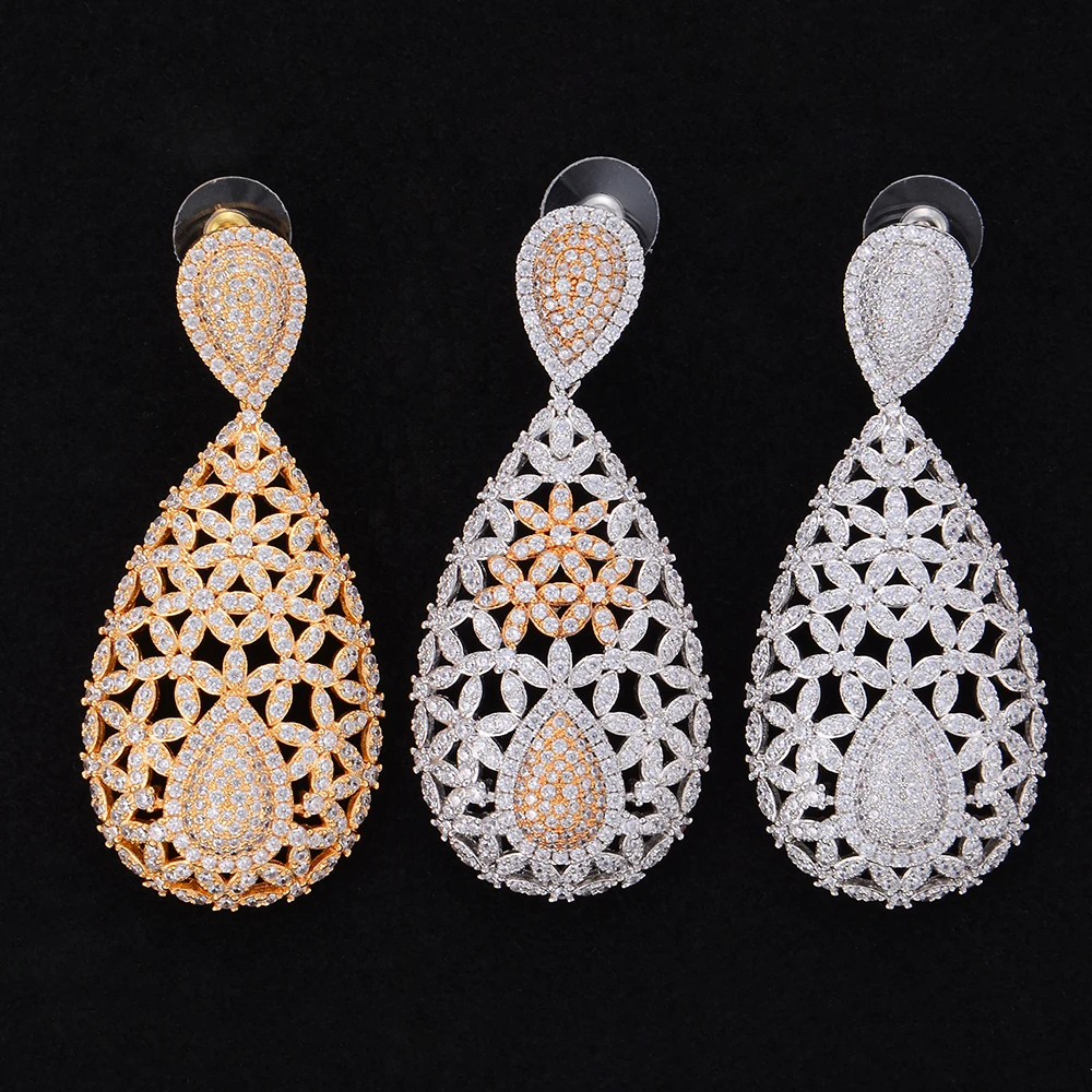 

LARRAURI Trendy Luxury Princess Flower Boom Earrings Full Mirco Cubic Zirconium Naija Wedding Women Earring Fashion Jewelry