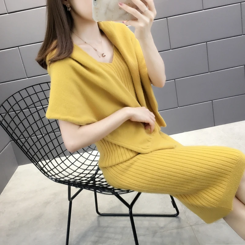 Autumn Winter Womens Long Sleeve Pullover Sweater+Strap Dress Sets Solid Color Knit 2 Piece Set Ladies Casual Knitted Suit 1600 |