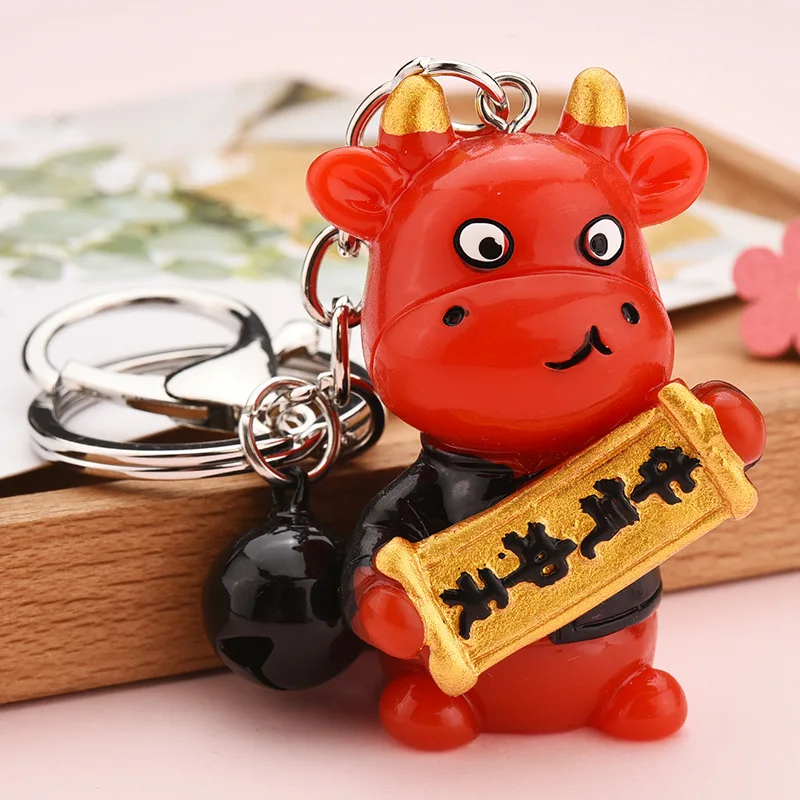 

Fashion Red Zodiac Key Ring Keychain Chain Resin Ox Turns The World Bag Handbag Backpack Accessories Symbol Of Luck
