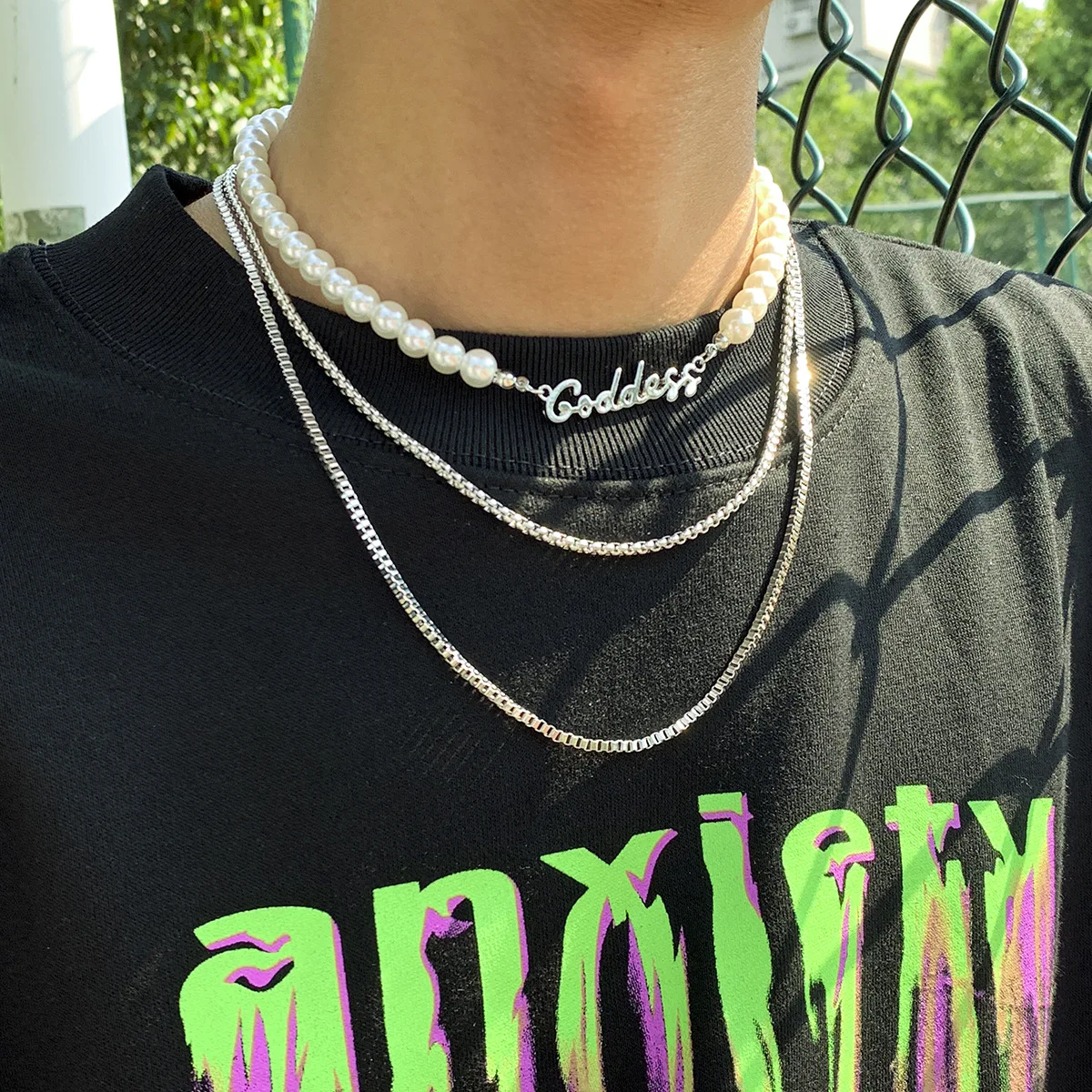 

Multilayer Punk Style Pearls Chain Letter Goddess Geometric Hip Hop Man Women Choker Clavicle Punk Necklace Street Jewelry