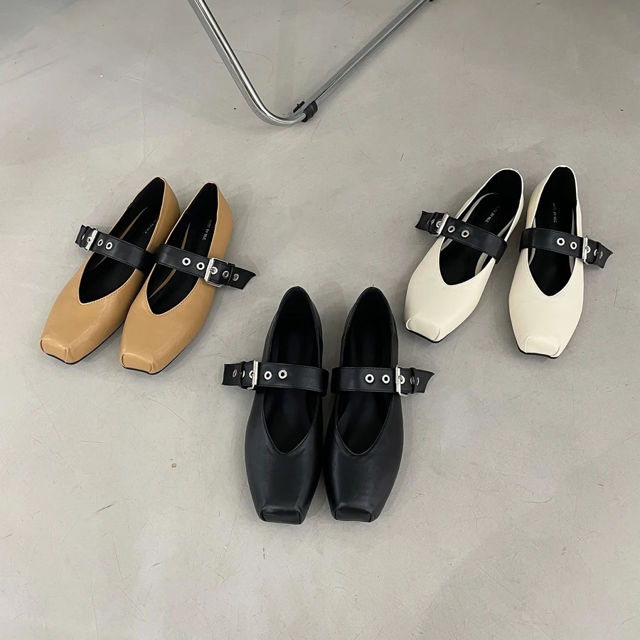 

Bailamos Women's Shoes Square Toe Single Shoes New Fashion Thick Heel Retro Rivet Casual Shoes Flat Shoes