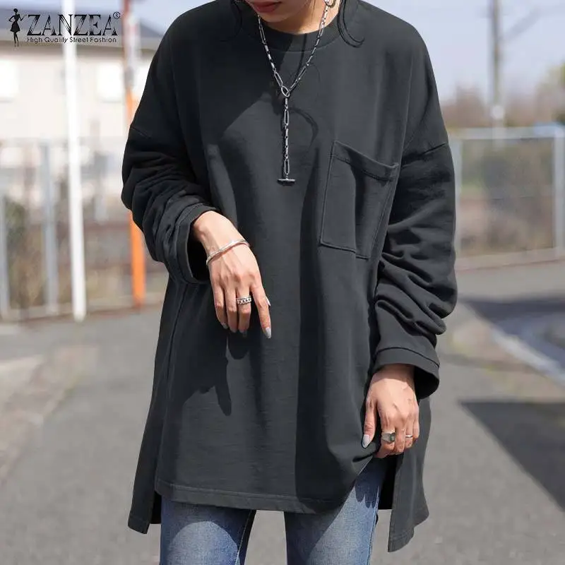 

ZANZEA Vintage Woman Long Sleeve Tops Pockets Work Chemise Femme Stylish Sweatshirts Autumn Casual Solid Pullover O-Neck Blouse