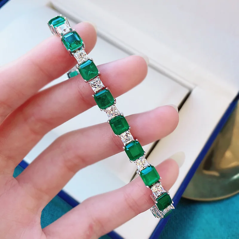 PANSYSEN Vintage Solid 925 Sterling Silver 7MM Emerald Simulated Moissanite Diamond Charm Women Bracelet Fine Jewelry Wholesale