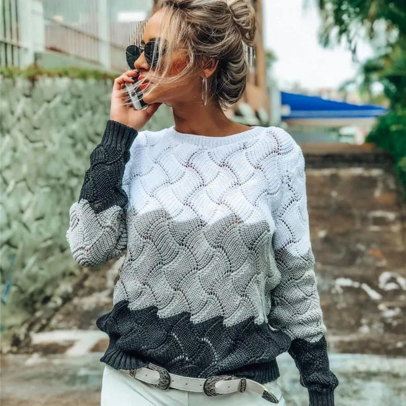 

Hollow Out Panelled Pullovers Women's Sweater O-neck Criss Cross Knitted Sweater Female 2021 Ladies Autumn Jumper Sweaters