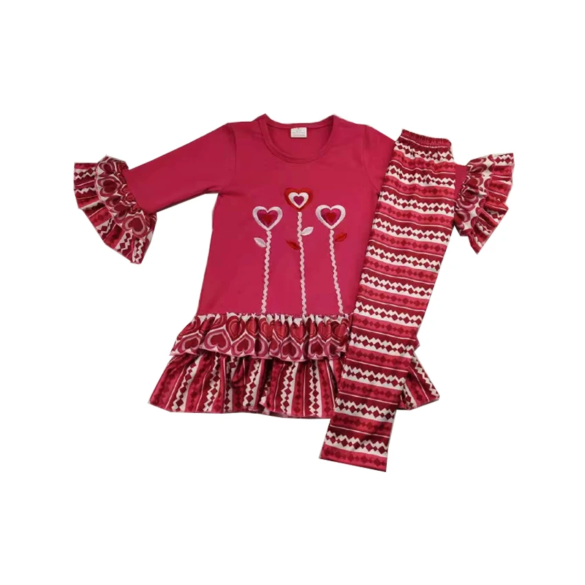 

Valentine's Day girls outfits with heart pattern embroidery design pink color