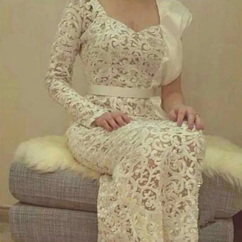 

Arabic White Lace Vestidos De Festa Straight One Shoulder Long Sleeves bridal gown vestido de noiva mother of the bride dresses
