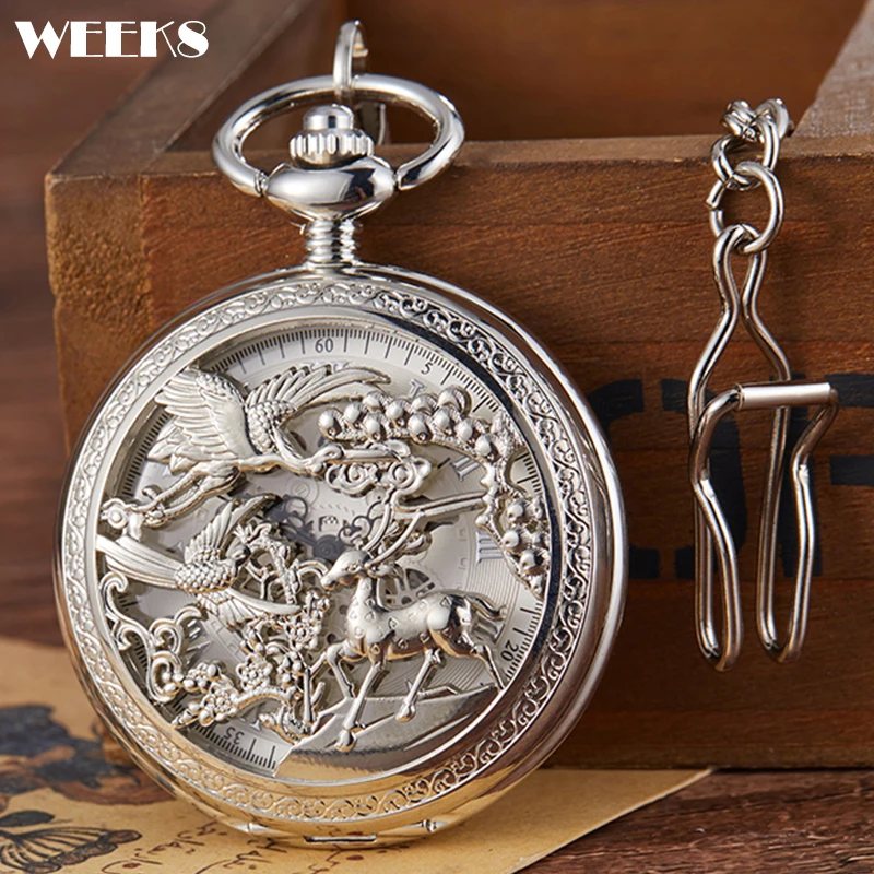 

Roman Numeral Sliver Deer Mechanical Pocket Watch Male Antique Vintage Steampunk Skeleton Luxury Engrave Fob Chain Clock for Men