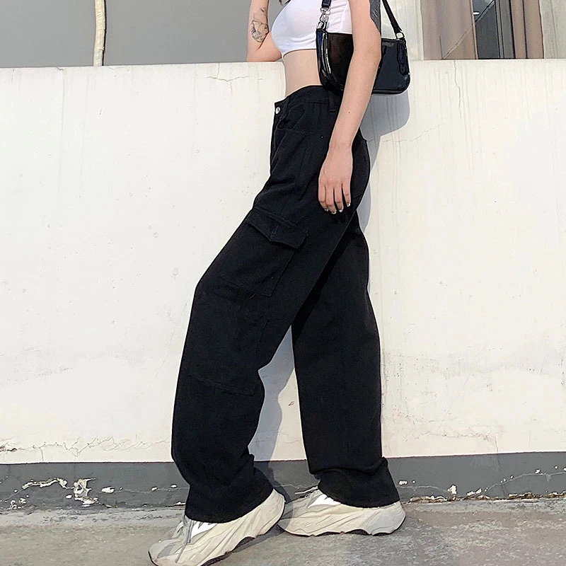 

Women Pockets Patchwork Baggy Jeans Pure Cotton High Waist Streetwear Stripe Line Cargo Pants Korean Jeans Harajuku